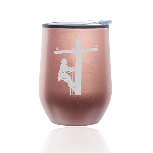 Stemless Wine Tumbler Coffee Travel Mug Glass With Lid Lineman Electric Pole Climber (Rose Gold)