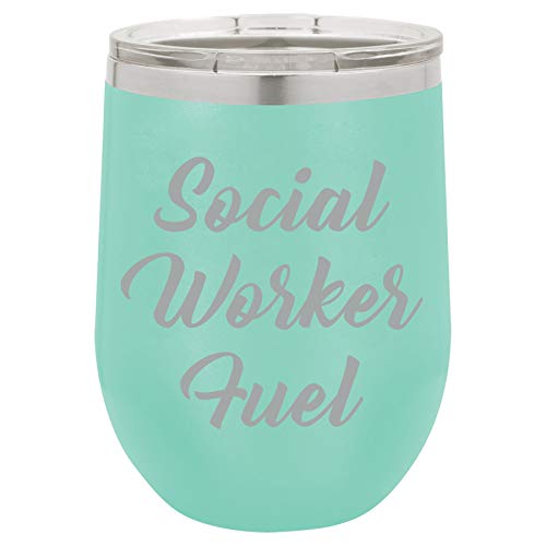12 oz Double Wall Vacuum Insulated Stainless Steel Stemless Wine Tumbler Glass Coffee Travel Mug With Lid Social Worker Fuel (Teal)