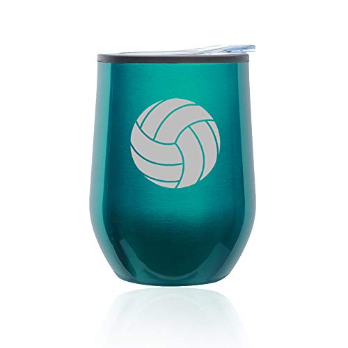 Stemless Wine Tumbler Coffee Travel Mug Glass With Lid Volleyball (Turquoise Teal)
