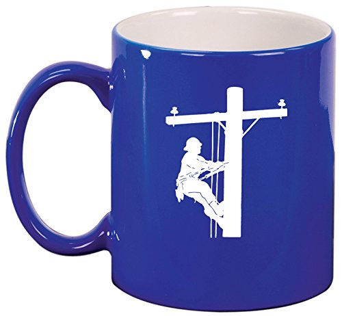 Ceramic Coffee Tea Mug Cup Lineman Electric Pole Climber (Blue)