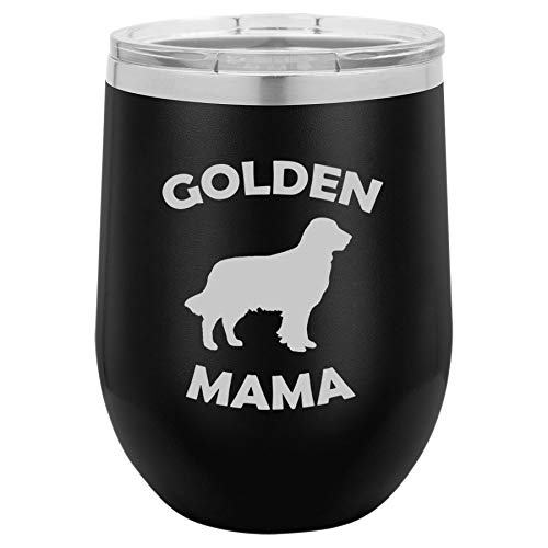 12 oz Double Wall Vacuum Insulated Stainless Steel Stemless Wine Tumbler Glass Coffee Travel Mug With Lid Golden Mama Golden Retriever (Black)