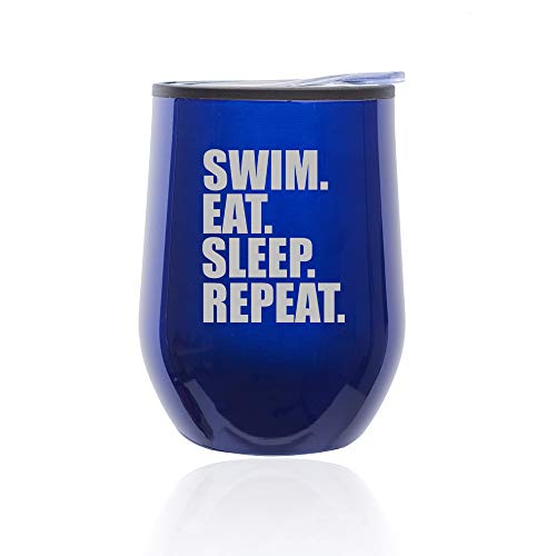 Stemless Wine Tumbler Coffee Travel Mug Glass With Lid Swim Eat Sleep Repeat (Blue)