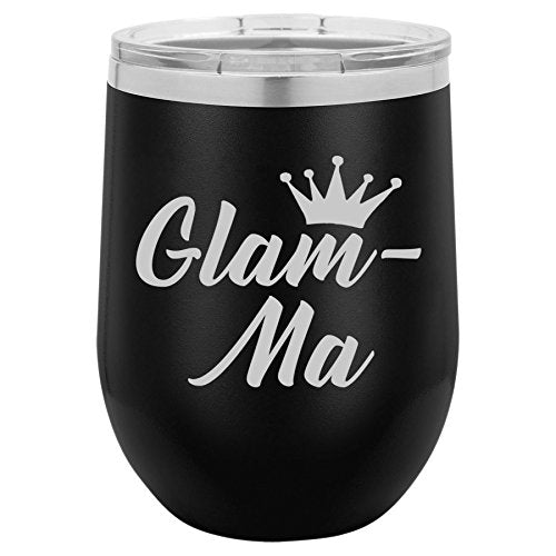 12 oz Double Wall Vacuum Insulated Stainless Steel Stemless Wine Tumbler Glass Coffee Travel Mug With Lid Glam-Ma Mom Mother Grandmother Grandma (Black)