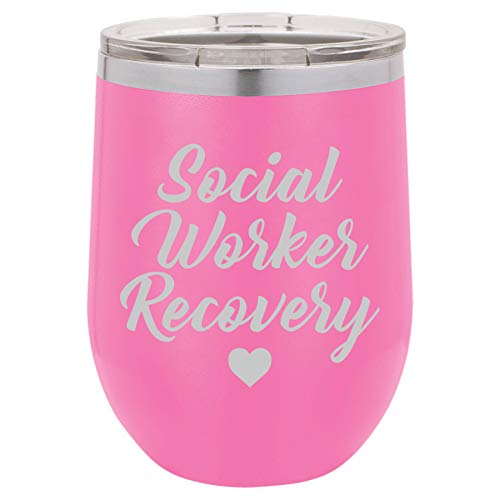 12 oz Double Wall Vacuum Insulated Stainless Steel Stemless Wine Tumbler Glass Coffee Travel Mug With Lid Social Worker Recovery (Hot-Pink)