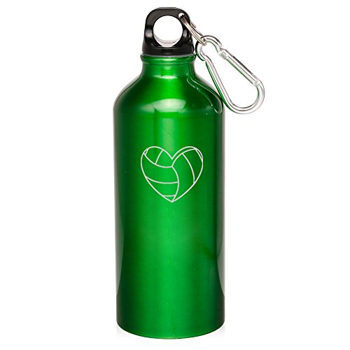 20oz Aluminum Sports Water Bottle Caribiner Clip Heart Volleyball (Green)