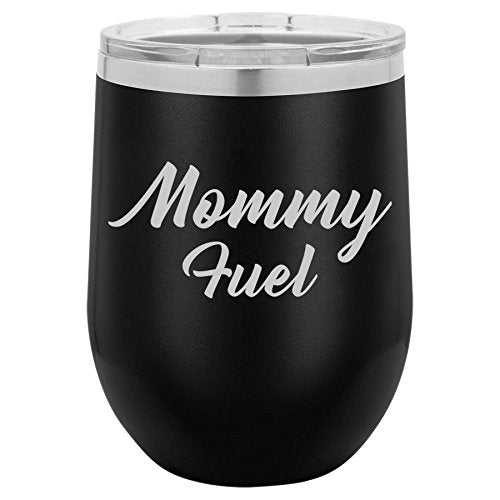 12 oz Double Wall Vacuum Insulated Stainless Steel Stemless Wine Tumbler Glass Coffee Travel Mug With Lid Mommy Fuel Mom Mother (Black)