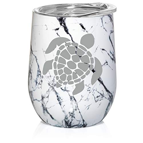 12 oz Double Wall Vacuum Insulated Stainless Steel Marble Stemless Wine Tumbler Glass Coffee Travel Mug With Lid Sea Turtle (Black White Marble)