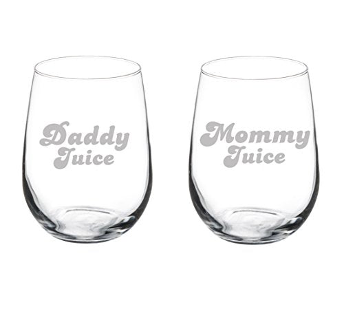 Set of 2 Wine Glasses Funny Parents Mommy Daddy Juice (17 oz Stemless)