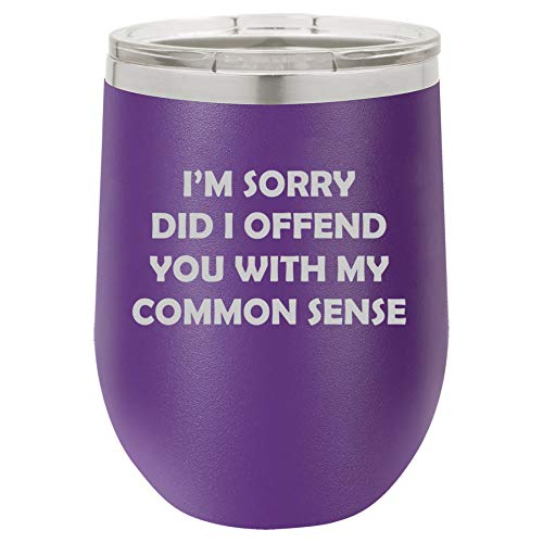 12 oz Double Wall Vacuum Insulated Stainless Steel Stemless Wine Tumbler Glass Coffee Travel Mug With Lid I'm Sorry Did I Offend You With My Common Sense Funny Sarcasm (Purple)