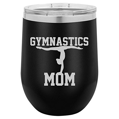 12 oz Double Wall Vacuum Insulated Stainless Steel Stemless Wine Tumbler Glass Coffee Travel Mug With Lid Gymnastics Mom (Black)