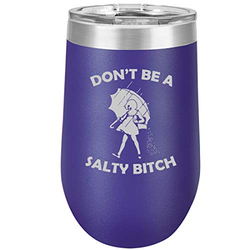 16 oz Double Wall Vacuum Insulated Stainless Steel Stemless Wine Tumbler Glass Coffee Travel Mug With Lid Don't Be A Salty Btch Funny (Purple)