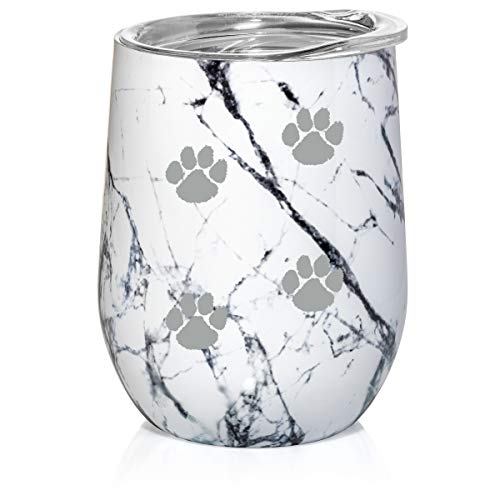 12 oz Double Wall Vacuum Insulated Stainless Steel Marble Stemless Wine Tumbler Glass Coffee Travel Mug With Lid Paw Prints Walking (Black White Marble)