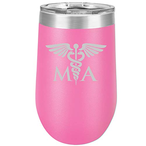 16 oz Double Wall Vacuum Insulated Stainless Steel Stemless Wine Tumbler Glass Coffee Travel Mug With Lid MA Medical Assistant (Hot Pink)