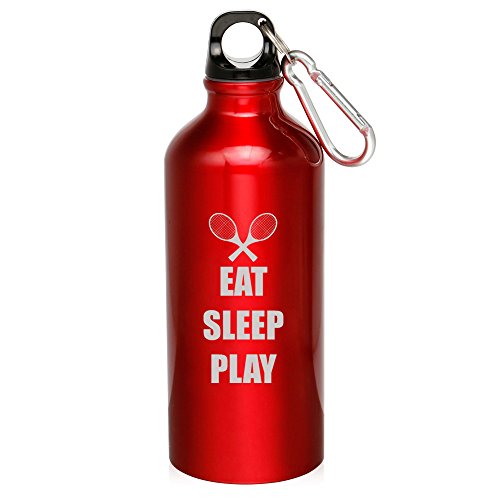 20oz Aluminum Sports Water Bottle Caribiner Clip Eat Sleep Play Tennis (Red)