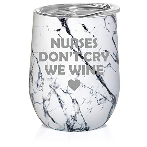 12 oz Double Wall Vacuum Insulated Stainless Steel Marble Stemless Wine Tumbler Glass Coffee Travel Mug With Lid Nurses Don't Cry We Wine (Black White Marble)