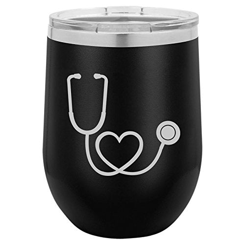 12 oz Double Wall Vacuum Insulated Stainless Steel Stemless Wine Tumbler Glass Coffee Travel Mug With Lid Heart Stethoscope Nurse (Black)