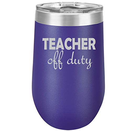 16 oz Double Wall Vacuum Insulated Stainless Steel Stemless Wine Tumbler Glass Coffee Travel Mug With Lid Teacher Off Duty Funny (Purple)