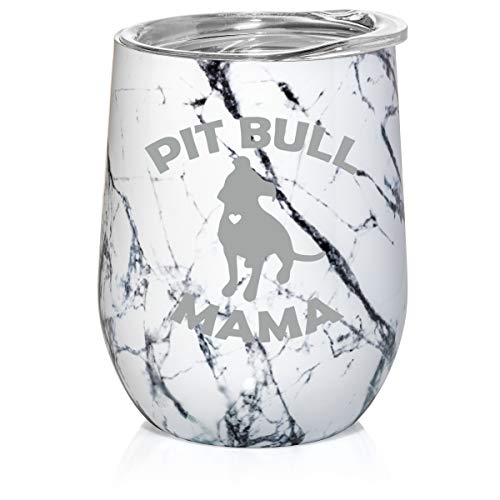 12 oz Double Wall Vacuum Insulated Stainless Steel Marble Stemless Wine Tumbler Glass Coffee Travel Mug With Lid Pit Bull Mama (Black White Marble)