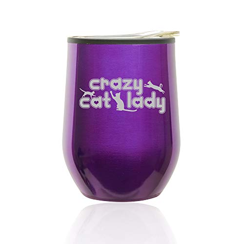 Stemless Wine Tumbler Coffee Travel Mug Glass With Lid Crazy Cat Lady (Royal Purple)