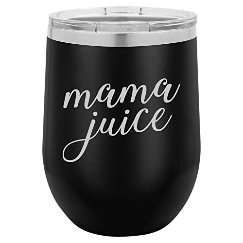 12 oz Double Wall Vacuum Insulated Stainless Steel Stemless Wine Tumbler Glass Coffee Travel Mug With Lid Mama Juice Mom Funny (Black)