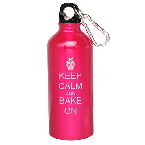 20oz Aluminum Sports Water Bottle Caribiner Clip Keep Calm and Bake On Cupcake (Hot Pink)