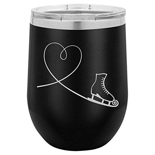 12 oz Double Wall Vacuum Insulated Stainless Steel Stemless Wine Tumbler Glass Coffee Travel Mug With Lid Heart Love Ice Skating (Black)