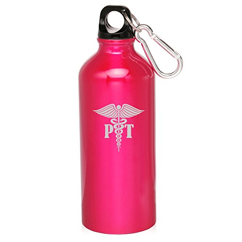 20oz Aluminum Sports Water Bottle Caribiner Clip PT Physical Therapy Medical Symbol (Hot Pink)