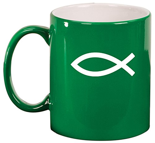 Ceramic Coffee Tea Mug Cup Christian Fish Symbol (Green)