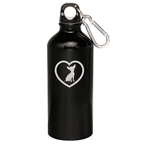 20oz Aluminum Sports Water Bottle Caribiner Clip Chihuahua Heart (Black)