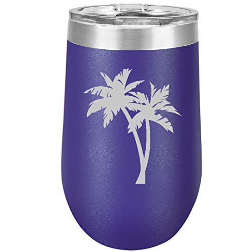 16 oz Double Wall Vacuum Insulated Stainless Steel Stemless Wine Tumbler Glass Coffee Travel Mug With Lid Palm Trees (Purple)