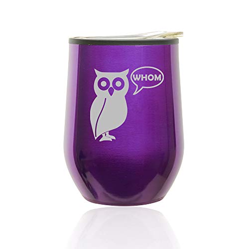 Stemless Wine Tumbler Coffee Travel Mug Glass With Lid Grammar Funny Owl Who Whom (Royal Purple)
