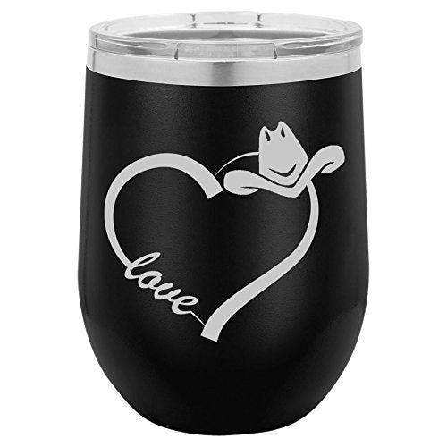 12 oz Double Wall Vacuum Insulated Stainless Steel Stemless Wine Tumbler Glass Coffee Travel Mug With Lid Love Heart Country Cowgirl (Black)