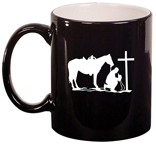 Ceramic Coffee Tea Mug Cup Cowboy Praying Cross Horse (Black)