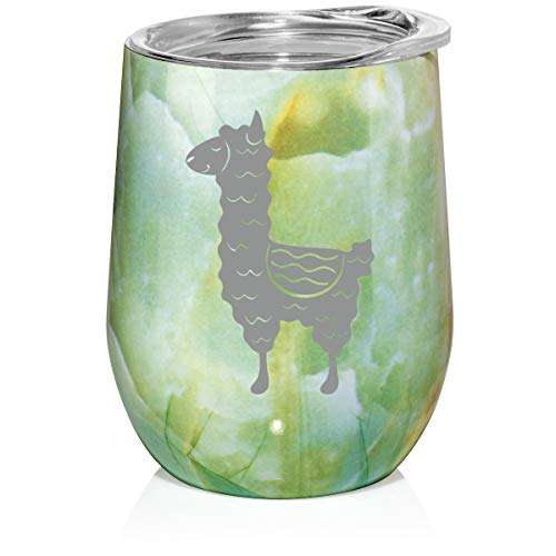 12 oz Double Wall Vacuum Insulated Stainless Steel Marble Stemless Wine Tumbler Glass Coffee Travel Mug With Lid Cute Llama (Turquoise Green Marble)