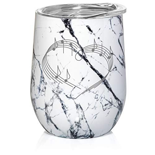 12 oz Double Wall Vacuum Insulated Stainless Steel Marble Stemless Wine Tumbler Glass Coffee Travel Mug With Lid Heart Love Music Notes (Black White Marble)