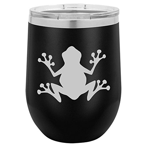 12 oz Double Wall Vacuum Insulated Stainless Steel Stemless Wine Tumbler Glass Coffee Travel Mug With Lid Frog (Black)