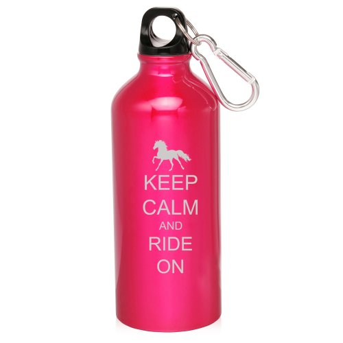 Hot Pink 20oz Aluminum Sports Water Bottle Caribiner Clip ZW300 Keep Calm and Ride On Horse