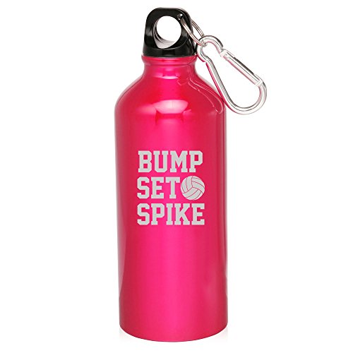 20oz Aluminum Sports Water Bottle Caribiner Clip Bump Set Spike Volleyball (Hot Pink)