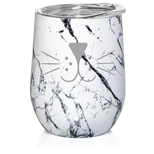 12 oz Double Wall Vacuum Insulated Stainless Steel Marble Stemless Wine Tumbler Glass Coffee Travel Mug With Lid Cat Face Whiskers (Black White Marble)