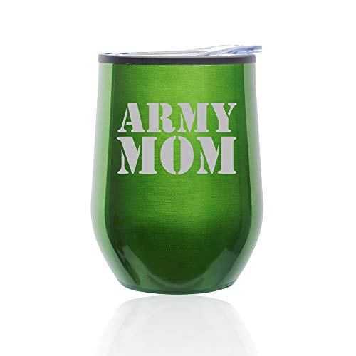 Stemless Wine Tumbler Coffee Travel Mug Glass With Lid Army Mom (Green)