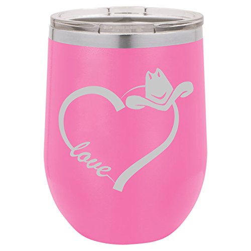 12 oz Double Wall Vacuum Insulated Stainless Steel Stemless Wine Tumbler Glass Coffee Travel Mug With Lid Love Heart Country Cowgirl (Hot-Pink)