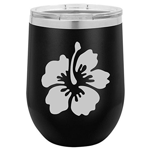 12 oz Double Wall Vacuum Insulated Stainless Steel Stemless Wine Tumbler Glass Coffee Travel Mug With Lid Hibiscus Flower (Black)