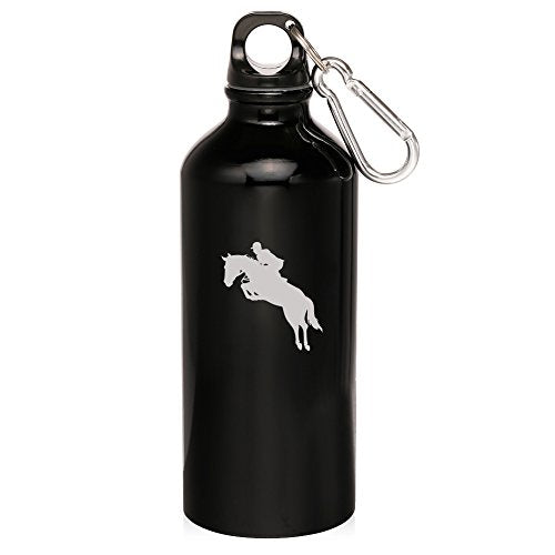 20oz Aluminum Sports Water Bottle Caribiner Clip Horse with Rider (Black)