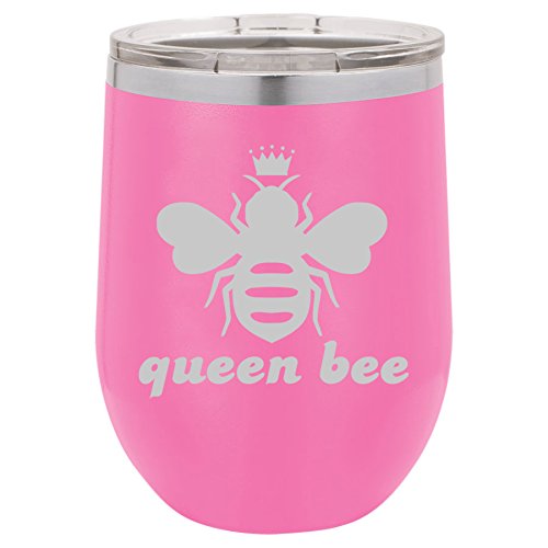 12 oz Double Wall Vacuum Insulated Stainless Steel Stemless Wine Tumbler Glass Coffee Travel Mug With Lid Queen Bee (Hot-Pink)