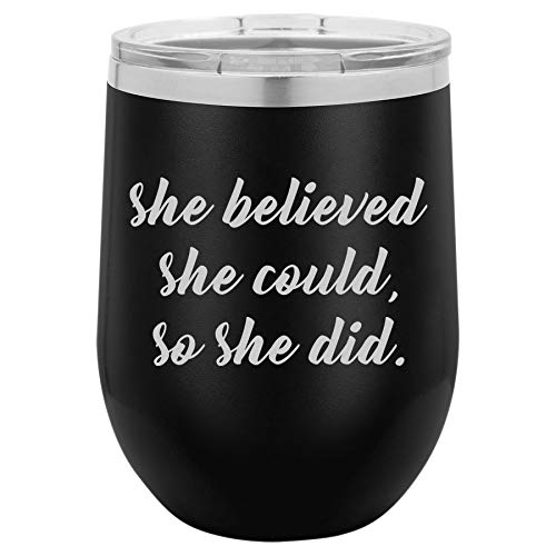 12 oz Double Wall Vacuum Insulated Stainless Steel Stemless Wine Tumbler Glass Coffee Travel Mug With Lid She Believed She Could So She Did (Black)