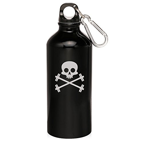 20oz Aluminum Sports Water Bottle Caribiner Clip Skull Barbells Athletics Weight Training (Black)