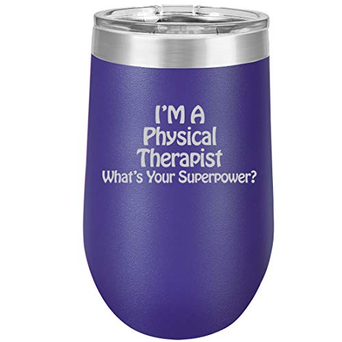 16 oz Double Wall Vacuum Insulated Stainless Steel Stemless Wine Tumbler Glass Coffee Travel Mug With Lid Physical Therapist Super Power (Purple)