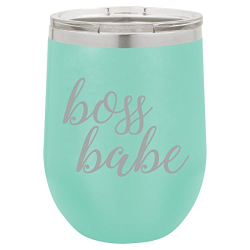 12 oz Double Wall Vacuum Insulated Stainless Steel Stemless Wine Tumbler Glass Coffee Travel Mug With Lid Boss Babe (Teal)