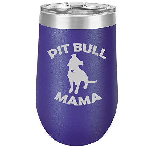 16 oz Double Wall Vacuum Insulated Stainless Steel Stemless Wine Tumbler Glass Coffee Travel Mug With Lid Pit Bull Mama (Purple)