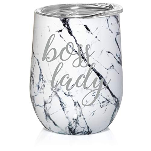 12 oz Double Wall Vacuum Insulated Stainless Steel Marble Stemless Wine Tumbler Glass Coffee Travel Mug With Lid Boss Lady (Black White Marble)